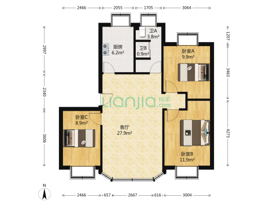 华丰苑 3室1厅2卫 84平方