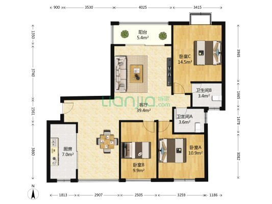 天纵颐景康城 3室1厅2卫 125平方