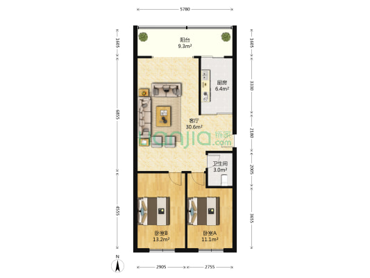 塞纳阳光 2室1厅1卫 76平方