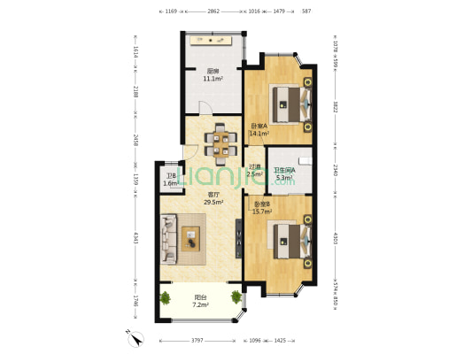 小天梦苑 2室1厅2卫 97平方