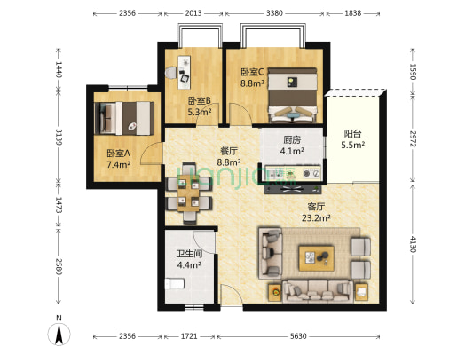 南康新村 3室2厅1卫 90平方