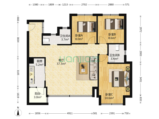 华熙528艺术村悦都 3室1厅2卫 89平方