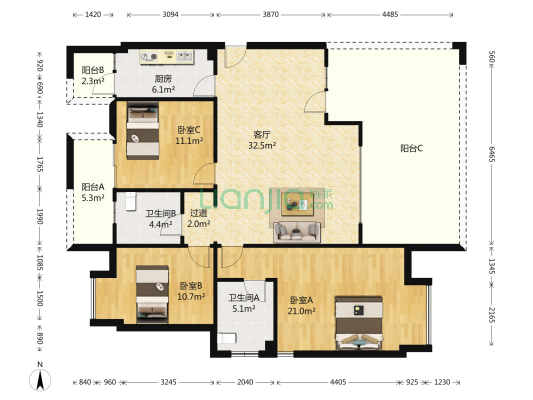 万峰城A区依云谷 3室1厅2卫 122平方