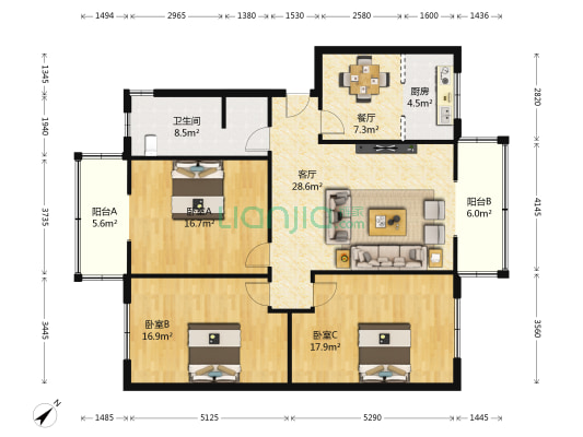 皂角小区 3室2厅1卫 122平方