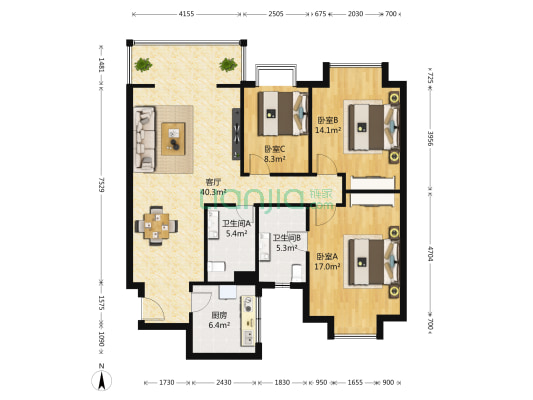 天府名居 3室1厅2卫 111平方