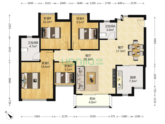 中交丽景 4室2厅2卫 111平方