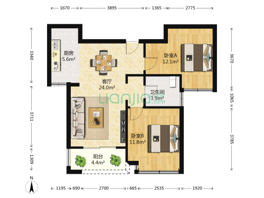 保亿风景蝶院观园 2室1厅1卫 85平方
