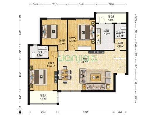 富锦嘉园二区 3室1厅2卫 129平方