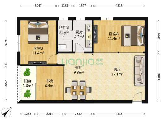 兴东阁 3室2厅1卫 83平方