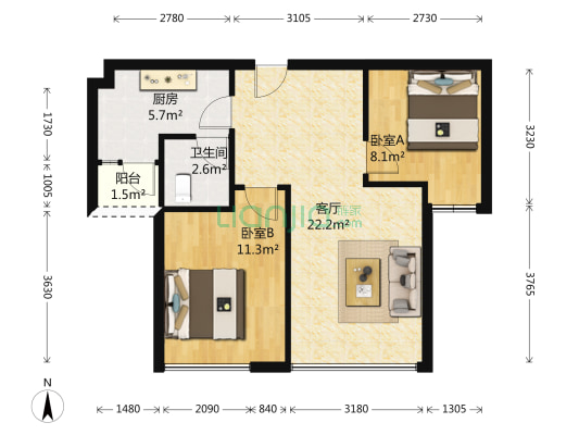 正成东区1号 2室1厅1卫 63平方