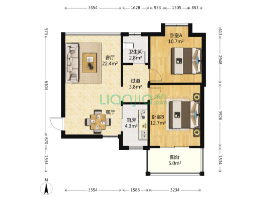 中豪汇景湾 2室1厅1卫 87平方