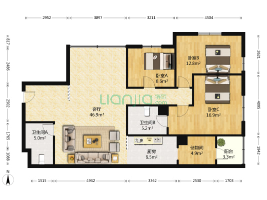 荣耀宝座 3室1厅2卫 167平方