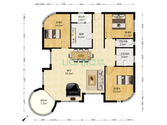 上海花园(公寓) 3室1厅2卫 195平方