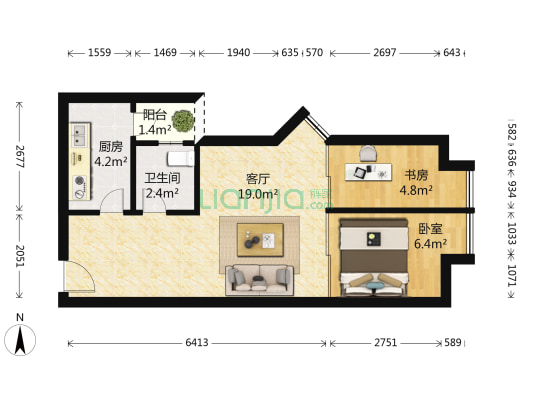 彩福大厦 2室1厅1卫 49平方