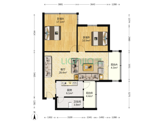 银利花苑 2室1厅1卫 86平方