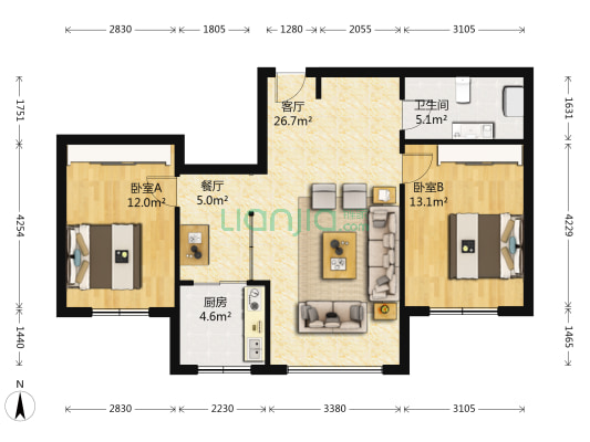 齐化家园 2室2厅1卫 94平方