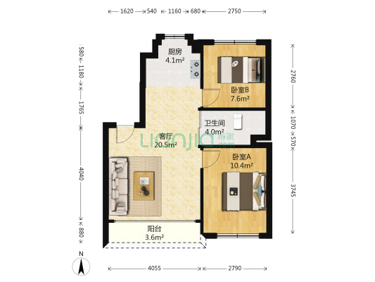 御景名都A区 2室1厅1卫 80平方