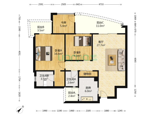 南方新城北苑 3室1厅2卫 106平方