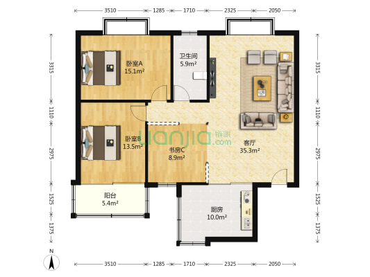 春都花园 3室1厅1卫 108平方