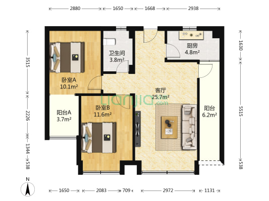 华府世家 2室1厅1卫 80平方