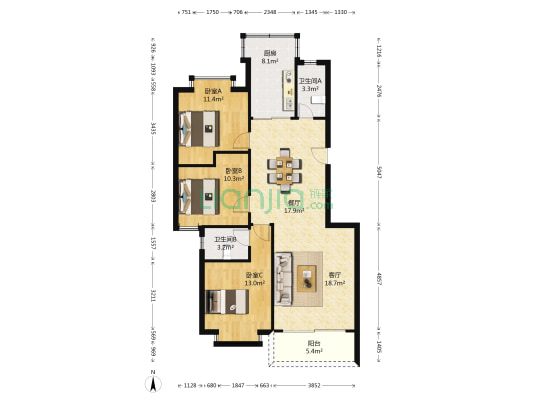 海山居 3室2厅2卫 108平方