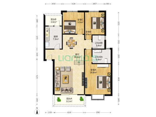 小城故事 3室1厅2卫 114平方