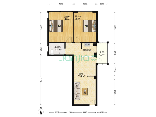 绿怡居 2室1厅1卫 75平方