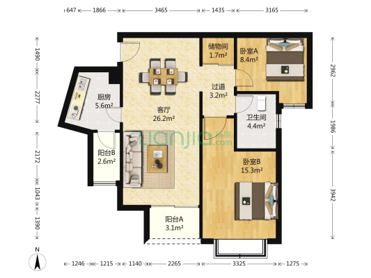鑫苑国际城市花园(昆山市) 2室1厅1卫 89平方