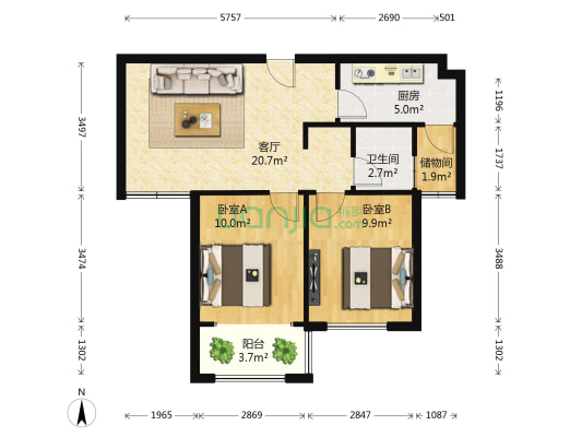 翰林国际城桃李园小区 2室1厅1卫 80平方