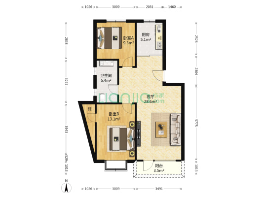 通用阳光丽景 2室1厅1卫 89平方