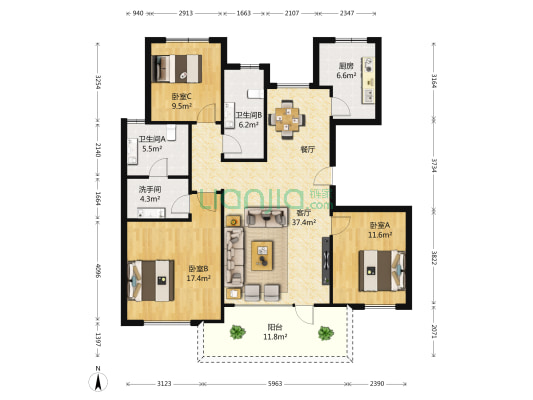 新湖仙林金谷北区 3室1厅3卫 131平方