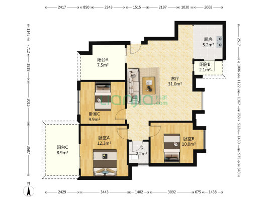 中庚阅玺 3室1厅1卫 93平方