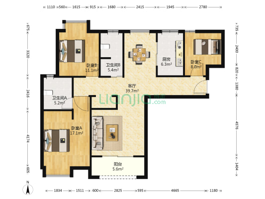 招商海德名门 3室1厅2卫 124平方