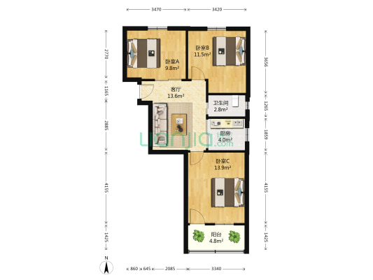 吉兆花园 3室1厅1卫 74平方