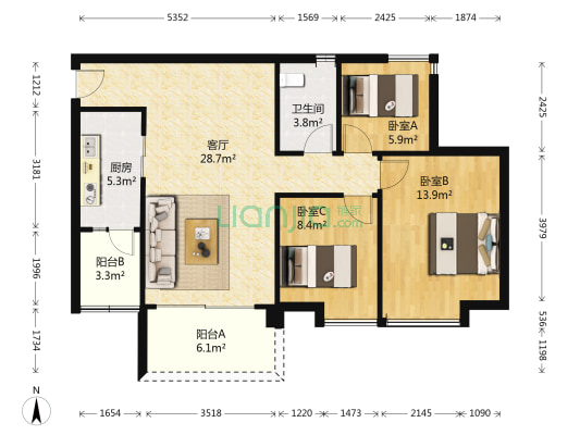 瑜翠园 3室1厅1卫 89平方