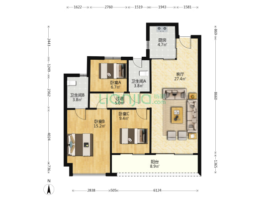 河映云集 3室1厅2卫 107平方