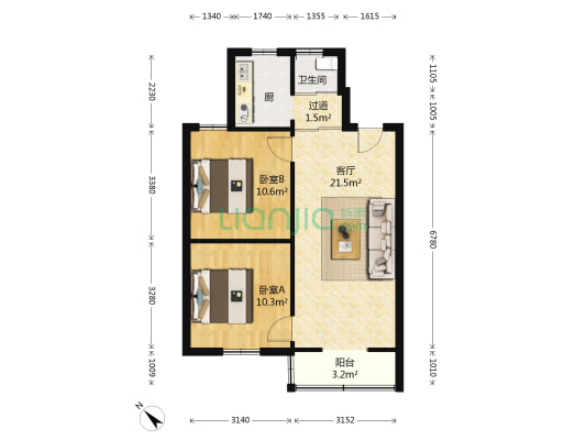 天津路2号 2室1厅1卫 68平方