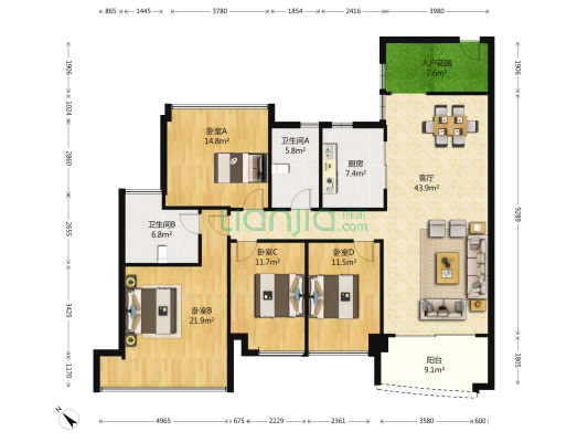 十年小雅 4室1厅2卫 157平方