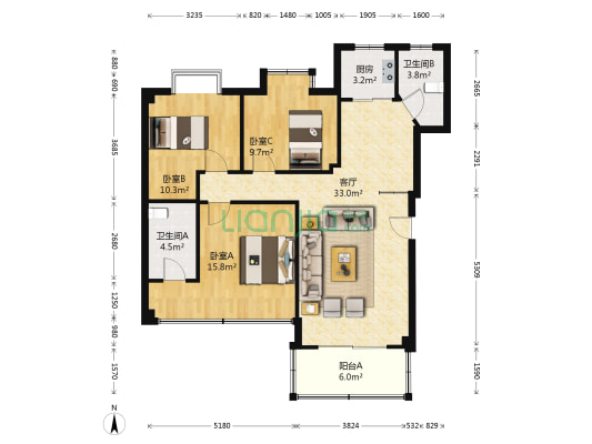江南雅筑 3室1厅2卫 95平方