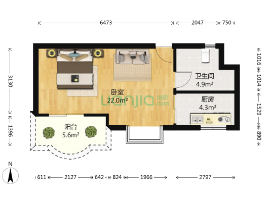 东立国际 1室0厅1卫 47平方