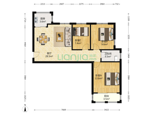 首开领翔花郡 3室1厅1卫 91平方