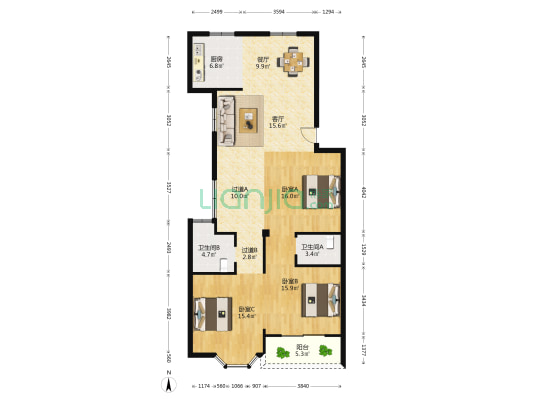 民联路1012号 3室2厅2卫 118平方
