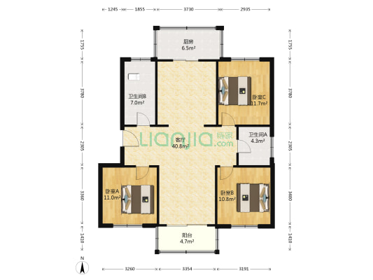 雍大阳光花园 3室1厅2卫 123平方
