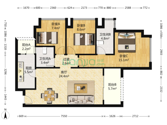 协信星澜汇三期 3室1厅2卫 91平方
