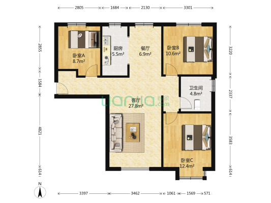 远洋香奈 3室2厅1卫 106平方