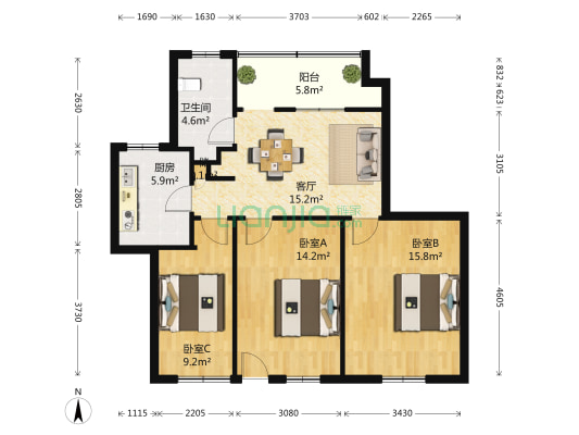 宣教花苑 3室1厅1卫 93平方