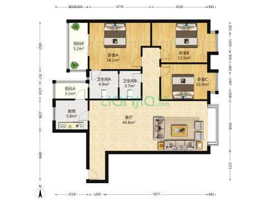 水云间 3室1厅2卫 127平方