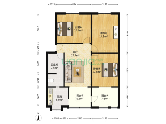 居民大院 2室1厅1卫 94平方