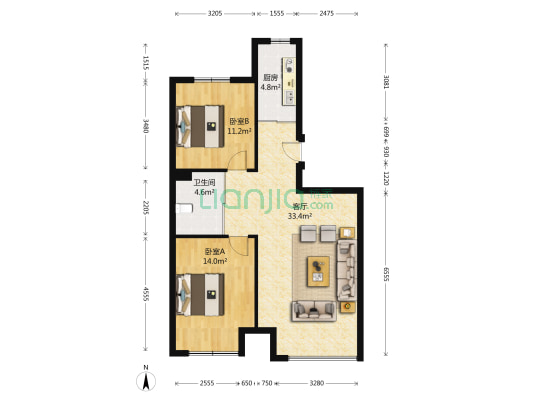 君瑞天城 2室1厅1卫 91平方