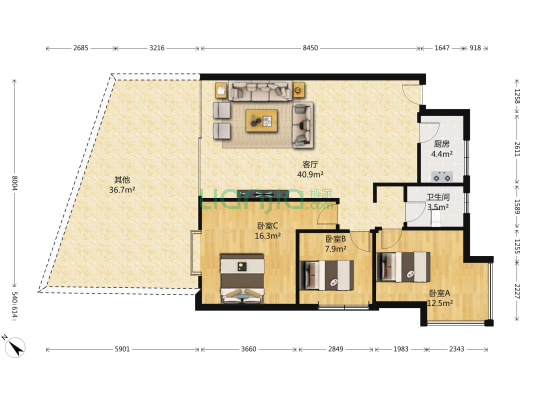 依山丽景 3室1厅1卫 102平方
